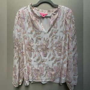 Lilly Pulitzer GIANA SILK TOP Rose Gold Multi Floral Metallic Long Sleeve XL